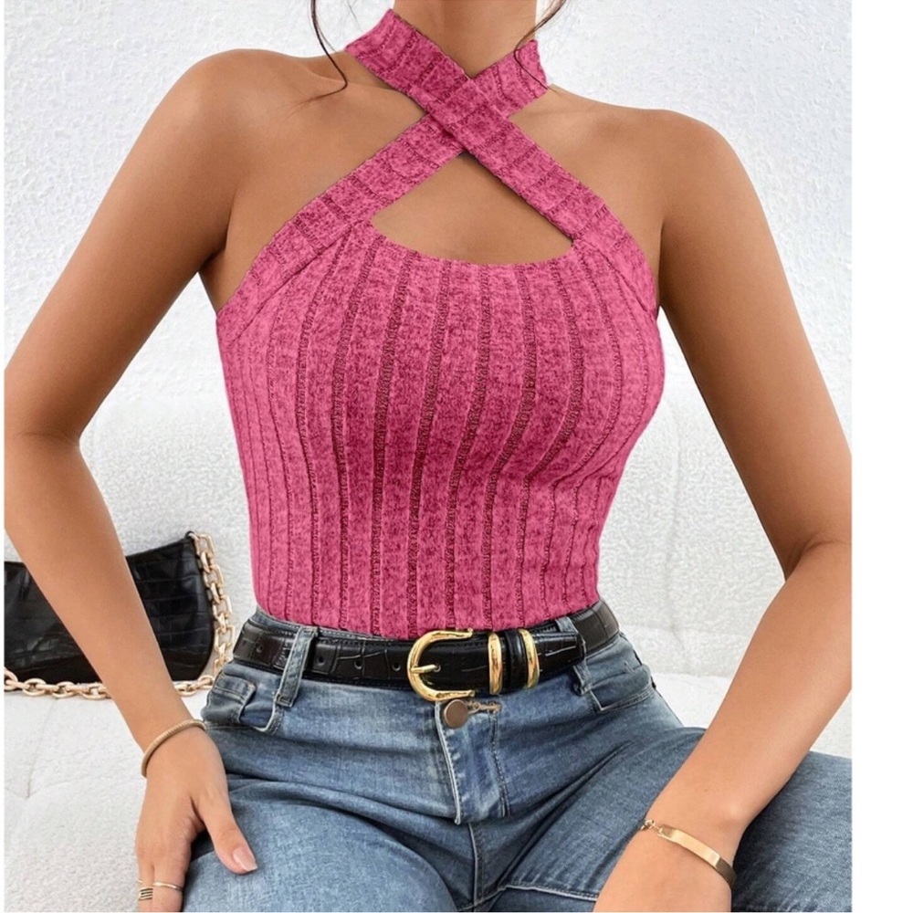 Solid Brushed Fabric Knit Halter Tank Top XS S M L XL